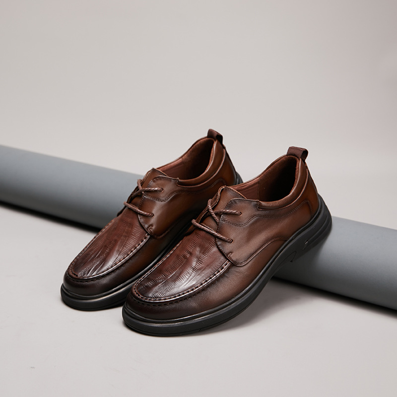 Extra Soft Top-Grain Cowhide Men's Embossed Casual Leather Shoes With Laces